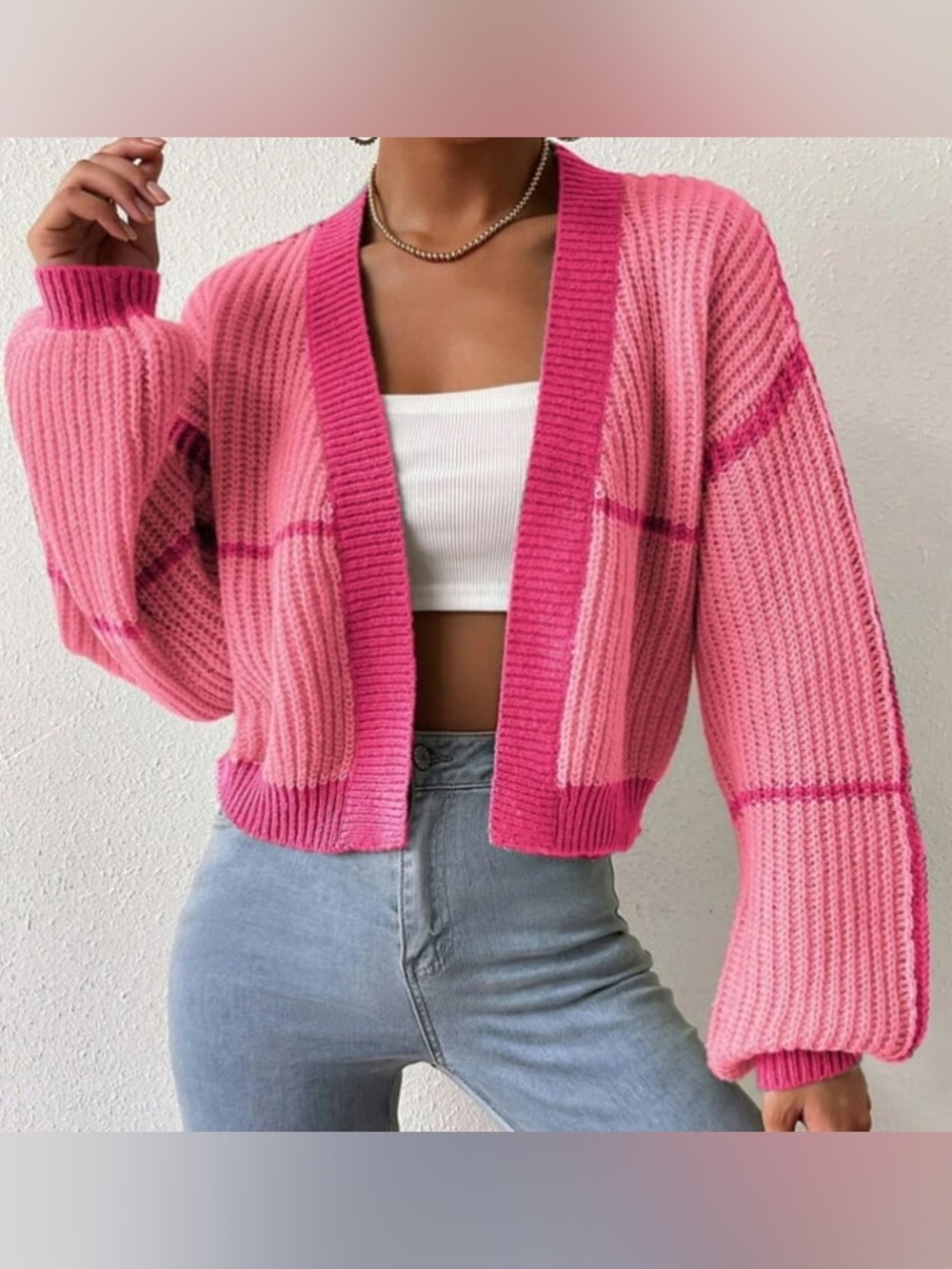 Pink Colorblock Chunky Knit Cropped Cardigan Sweater Size L Coquette Balletcore